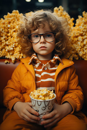 Funny and ridiculous child boy eats caramel popcornの素材