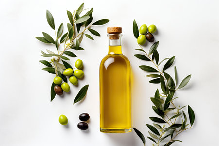 A bottle olive oil, olives, green olive leaf, on white background.の素材