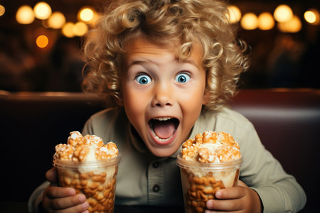 Funny and ridiculous child boy eats caramel popcornの素材