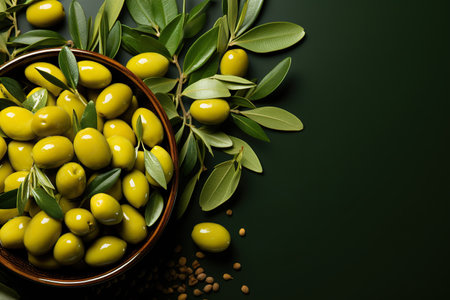 A bowl of olive oil, green olives, green olive leaf, on green background.の素材