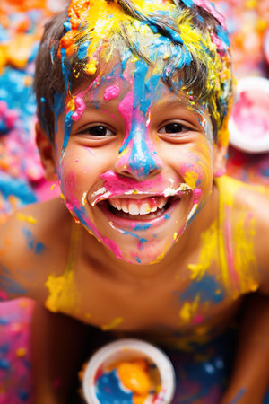 Happy and smiling child boy celebrates his birthdayの素材