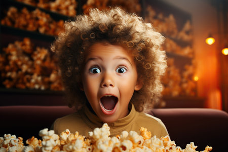 Funny and ridiculous child boy eats caramel popcornの素材