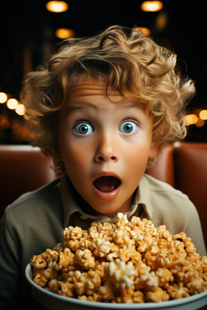 Funny and ridiculous child boy eats caramel popcornの素材