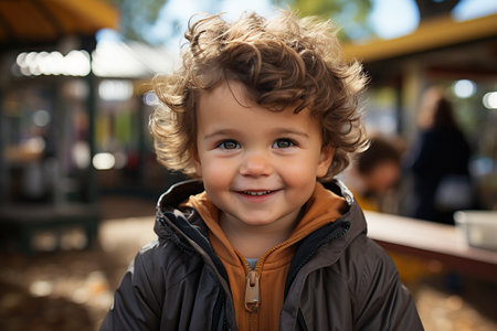 Cute young boy is smiling, outdoor play yard on a backgroundの素材