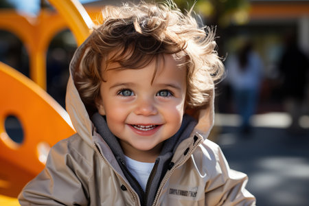 Cute young boy is smiling, outdoor play yard on a backgroundの素材