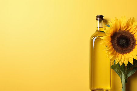A bottle of sunflower oil and sunflower on yellow background.の素材
