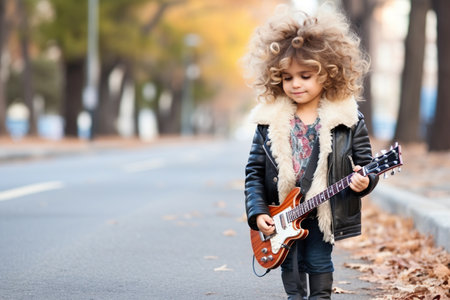 Cute little girl listening to music with headphones on the streetの素材