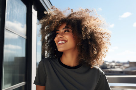 A beautiful woman with curly hair smiling on the roof of a buildingの素材