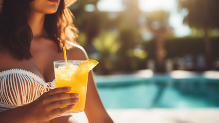Young woman chilling at the pool with drink.の素材