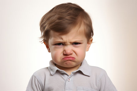 A toddler is frowning and he shows frustration.の素材