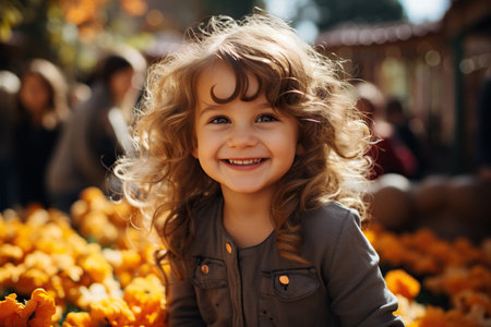 Cute young girl is smiling, outdoor play yard on a backgroundの素材