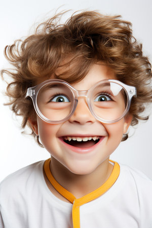 Funny looking child boy wears futuristic eyeglasses, on white background.の素材