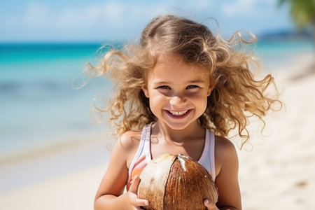 Portrait of a cute little girl with a coconut on the beach.の素材