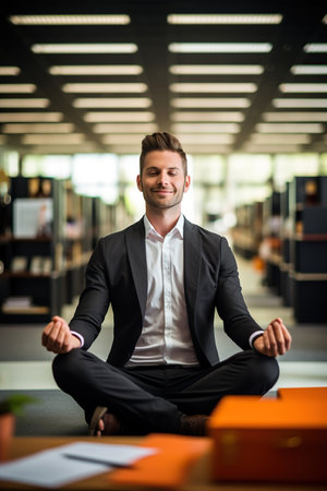 Relaxation at the work place, with a man sitting in lotus position on an office deskの素材