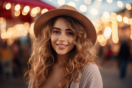 Portrait of a beautiful young woman in a hat on the background of the amusement park.の素材