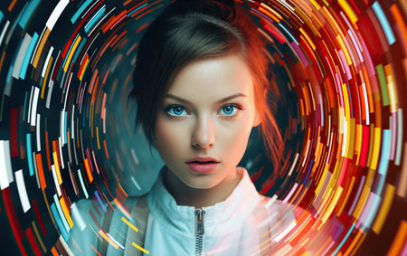 White beauty gorgeous woman seen through screen with codeの素材