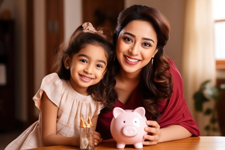 Happy beautiful Indian mother and kid girl saving money, holding piggy bank, looking at camera, smiling, laughing.の素材