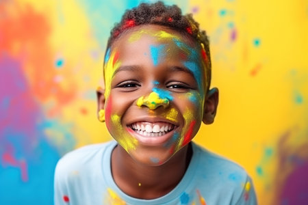 happy and smiling African American child boy celebrates his birthday, vivid and vibrant colorsの素材