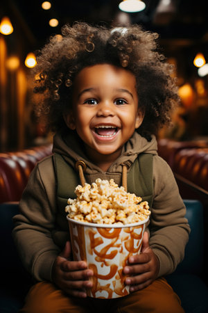 Funny and funny African American child boy eats caramel popcornの素材