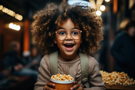 Funny and funny African American child girl eats caramel popcornの素材