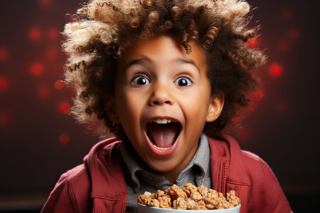 Funny and funny African American child boy eats caramel popcornの素材
