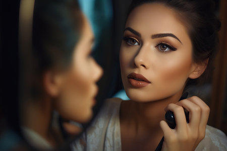 A gorgeous beautiful woman applying some makeup in front of mirrorの素材