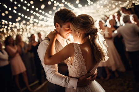 Couple dancing in each other's arms at a wedding reception, surrounded by twinkling fairy lightsの素材
