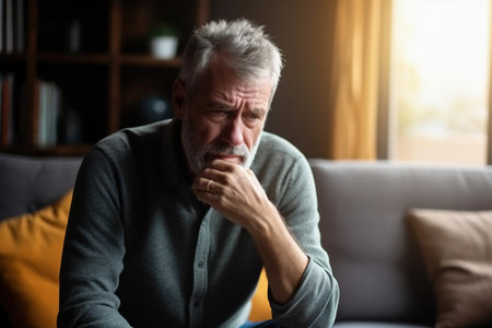 Frustrated unhappy middle aged mature man sitting on sofa, feeling depressed alone at home.の素材