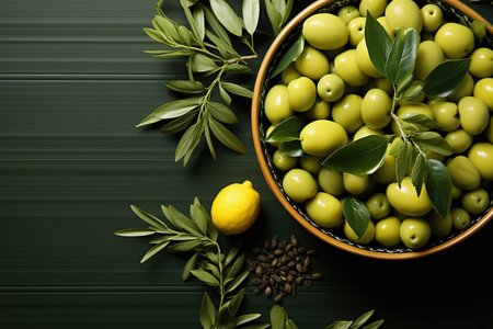 A bowl of olive oil, green olives, green olive leaf, on green background.の素材