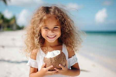 Portrait of a cute little girl with a coconut on the beach.の素材