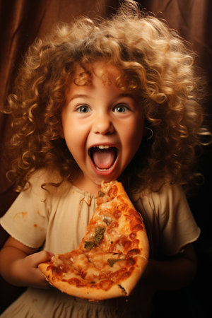 Funny and ridiculous child girl eats slice of pizza.の素材