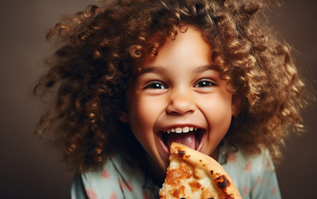 Funny and ridiculous child girl eats slice of pizza.の素材