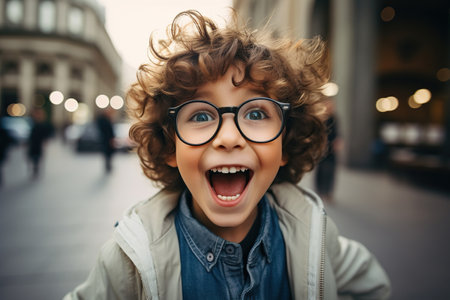 Happy little boy in eyeglasses taking selfie with smartphone in cityの素材