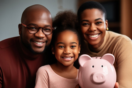 Head shot portrait of happy African American family holding piggy bank, looking at cameraの素材