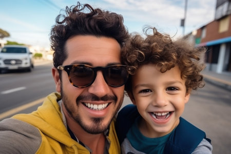 Head shot portrait Latin mother with son taking selfie together close upの素材