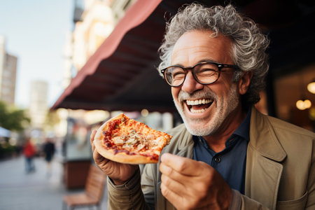 Cheerful mature man eating pizza while standing in the city streetの素材