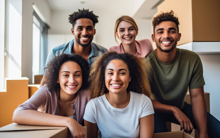 Group of friends moving in together in a new apartment.の素材