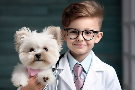 Smiling cute boy wearing glasses and white coat uniform with stethoscope pretending doctor looking at camera, playing with fluffy toy patient, children healthcareの素材