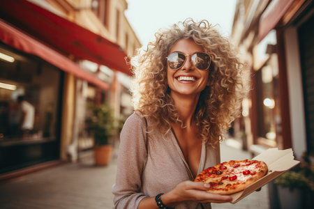 cheerful mature woman eating pizza while standing in the city streetの素材