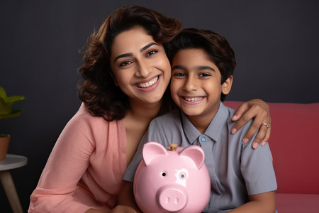 Head shot portrait of smiling Indian mother with 7s Caucasian son holding pink piggy bank, hugging and sitting on couch, happy family saving money for futureの素材