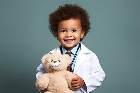 Smiling cute boy wearing glasses and white coat uniform with stethoscope pretending doctor looking at camera, playing with fluffy toy patient, children healthcareの素材