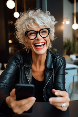 Happy retired mature lady in stylish glasses taking selfie picture on smartphone.の素材