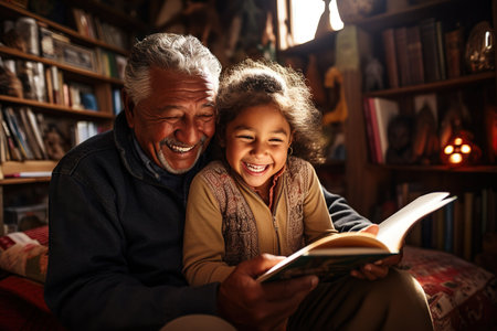 Hispanic Grandfather And Granddaughter Sitting On Floor Of Children's Bedroom Reading Book Togetherの素材