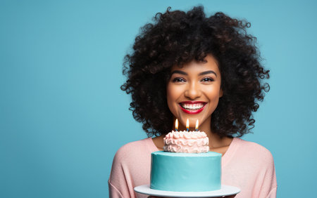 Happy African American woman with birthday cake and party hat on blue backgroundの素材