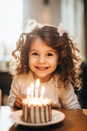 Little girl blowing out candles on his birthday cake.の素材