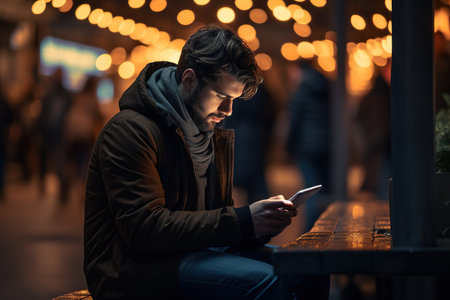 Young man online via a digital tablet in the cityの素材