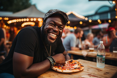 Portrait of a man eating pizza at the street food festivalの素材