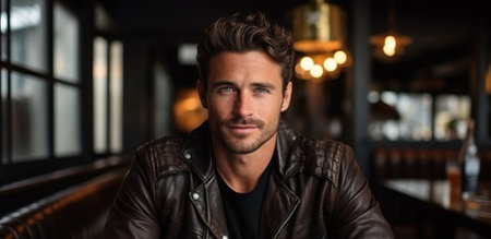 Portrait of a handsome man in a leather jacket sitting at the barの素材