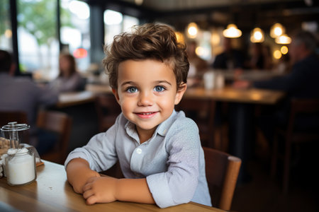 Portrait of smiling little boy sitting at table in cafe and looking at cameraの素材