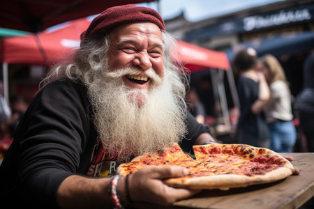 Portrait of a man eating pizza at the street food festivalの素材
